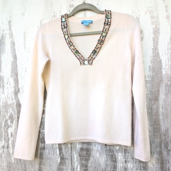 White + Warren 100% Cashmere Hand Beaded Sweater Women's Small Ivory V Neck - Picture 1 of 11